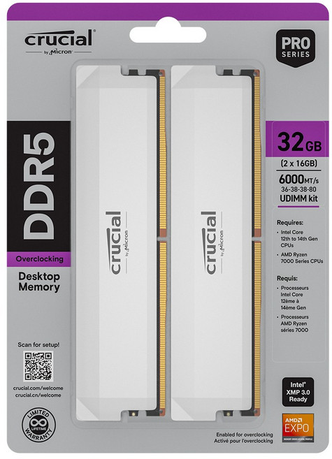 마이크론 Crucial DDR5-6000 CL36 PRO Overclocking 패키지 아스크텍 (32GB(16Gx2)), 화이트