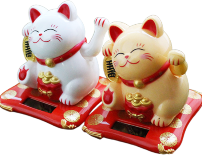 휘뚜마뚜 마네키네코 1+1 복 부르는 고양이 손흔드는 행운 돈 일본 고양이 세트, 화이트 & 베이지