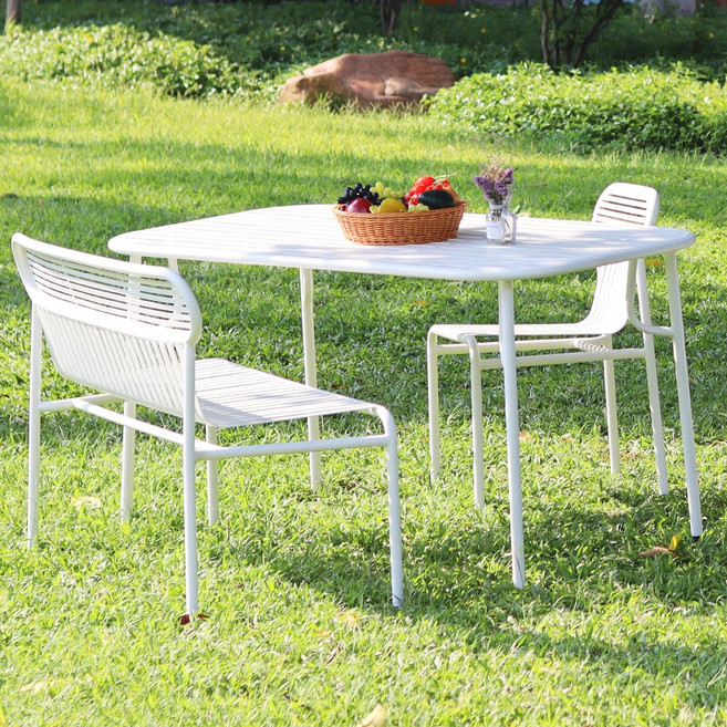 링컨 철제 카페 정원 테라스 야외용 직사각 테이블세트 4인, 테이블+등벤치+의자2개, 화이트