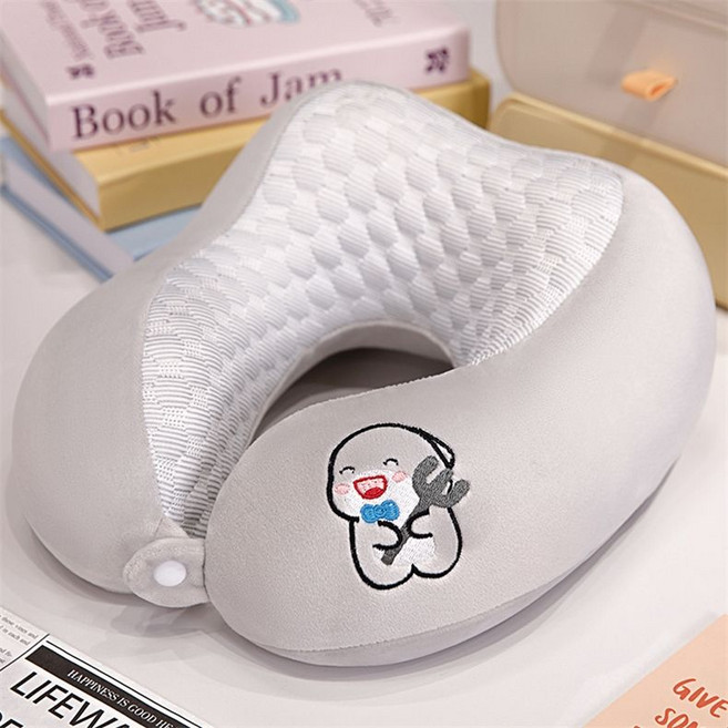 記憶棉U型枕 護頸枕 辦公室 午睡 旅行靠枕 頸椎便攜, 1個, 冰豆豆雙駝峰U型枕-灰色鯊魚30*25cm