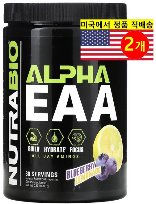 Nutrabio Labs 뉴트리바이오랩스 Alpha EAA 아미노산 블렌드 블루베리 레모네이드, 2개, 395g - 쿠팡