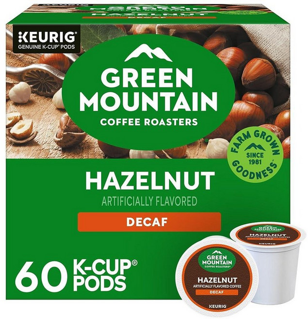 Green Mountain Coffee Roasters 헤이즐넛 디카페인 큐리그 1인용 K-컵 포드 라이트 로스트 60개 (10개 6팩)