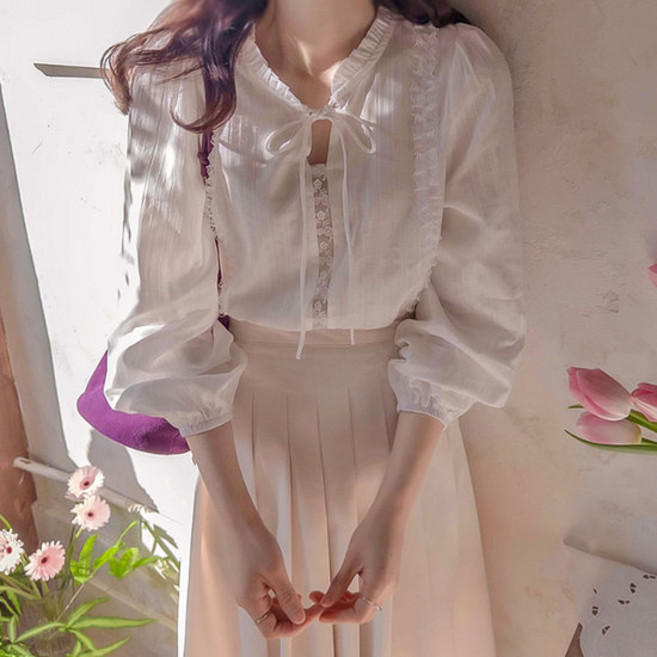 리린 LABEL 클라인드 봄레이스 배색 앤리본 단아한 블라우스 2848219