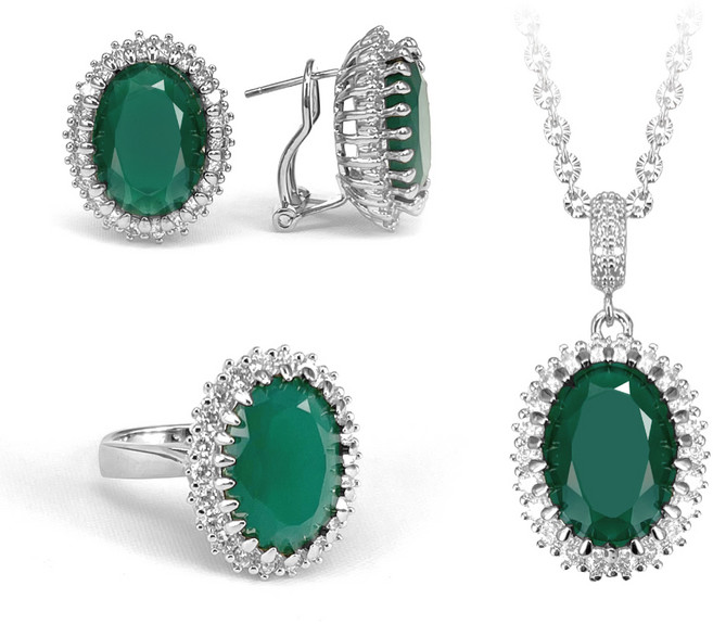 콜린 제이드 옥 비취 혼주 결혼 화이트골드 반지 목걸이 귀걸이 3종