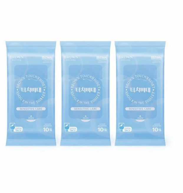 브라운 터치 비데 센시티브 케어 물티슈 물에 잘 녹는 화장실용 저자극 비데티슈 휴대형, 55g, 10매, 3개
