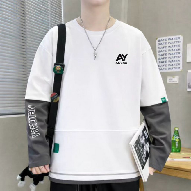 ANYOU 남자 긴팔 티셔츠 면티셔츠 라운드 맨투맨