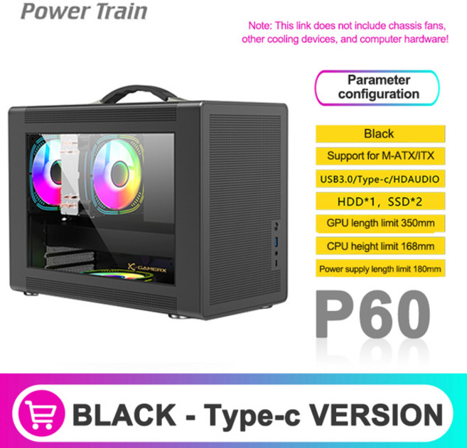파워 트레인 P60 데스크탑 AT 케이스 휴대용 메쉬 버전 PC 소형 섀시는 350 그래픽 카드 Type-C 인터페이스, 02 P60 Black Type-c, 1개