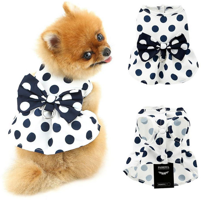 [2] PAIDEFUL 강아지 하네스 드레스 소형견 고양이용 레트로 보우 공주 드레스 패션 폴카 도트 강아지 플리츠 스커트 부드럽고 가벼운 강아지 선드레스 버튼업 치와와 옷, XL:back:40cm/15.5",chest:52cm/, 화이트, 1개