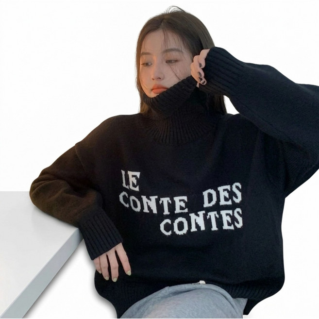 니트 스웨터 여성 터틀넥 영문 로고 두꺼운 느긋한 하이넥 탑스 가을 겨울 풀오버 캐주얼 스트리트 한국 스타일 패션 귀여운 따뜻한 긴 소매