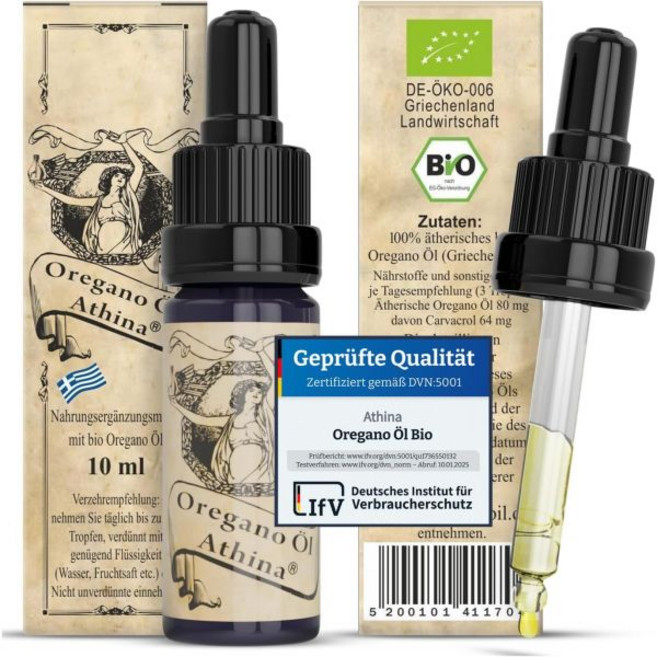 Athina 오가닉 오레가노 오일 DE-ÖKO-006 인증 그리스산 100 에센셜 오일Origanum vulgare 카바크롤 80 1x 10ml 병, 10ml(1팩), 1개