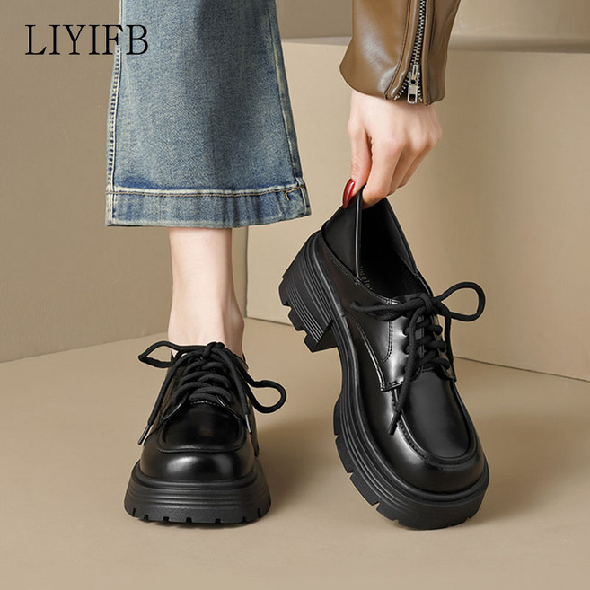 LIYIFB 소가죽 여성 키높이 로퍼 구두 통굽 6cm 여성 빅사이즈 로퍼 260-220