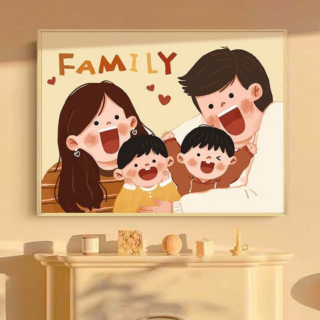 可愛全家福客廳沙發背景牆裝飾畫 餐廳玄關居家壁畫 臥室床頭掛畫 DQ94DT01GT01Q, D,50*35（3cm木色外框+鋼化水晶