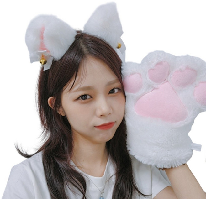 리빙듀오 고양이 장갑 머리띠 세트 파티 인생네컷 학예회 할로윈 소품, 화이트, 1개
