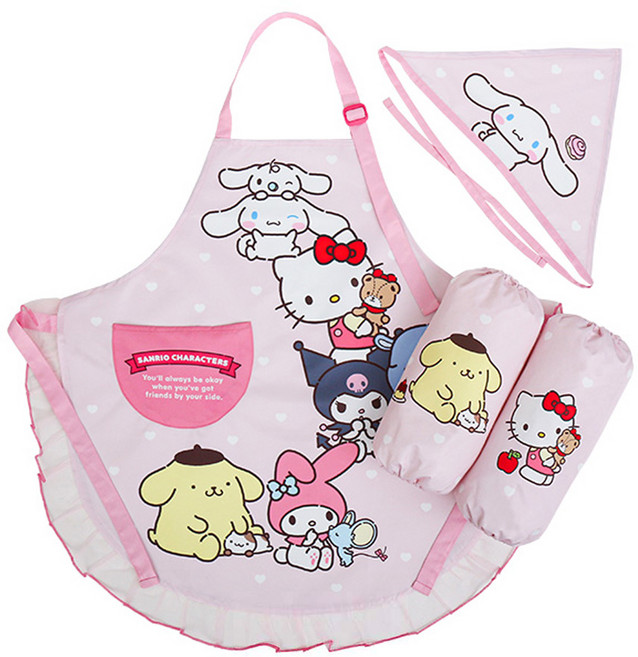 아동 산리오 컬렉션 포켓 레이스 방수 앞치마 토시 두건 3종 키티 마이멜로디 폼폼푸린 시나모롤