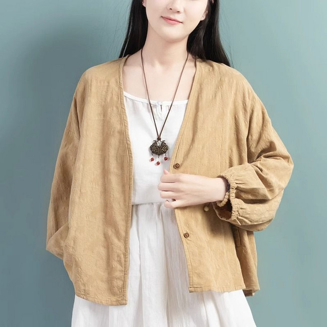 Makone 여성 노카라 솔리드 자카드 가디건 빈티지 루즈핏 톱 린넨 심플 캐주얼 자켓