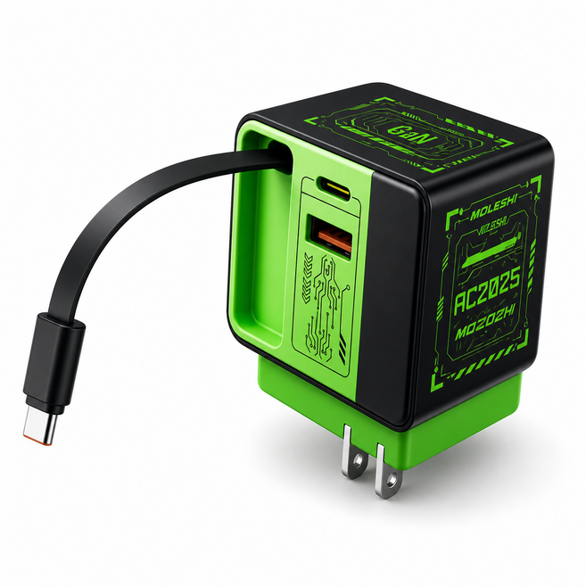 MOLESHI AC2025 氮化鎵充電頭 自帶伸縮Type-C線 67W快充 USB-C/USB-A三口充電, 1個, 單拉A+C+2025+氮化鎵充電頭