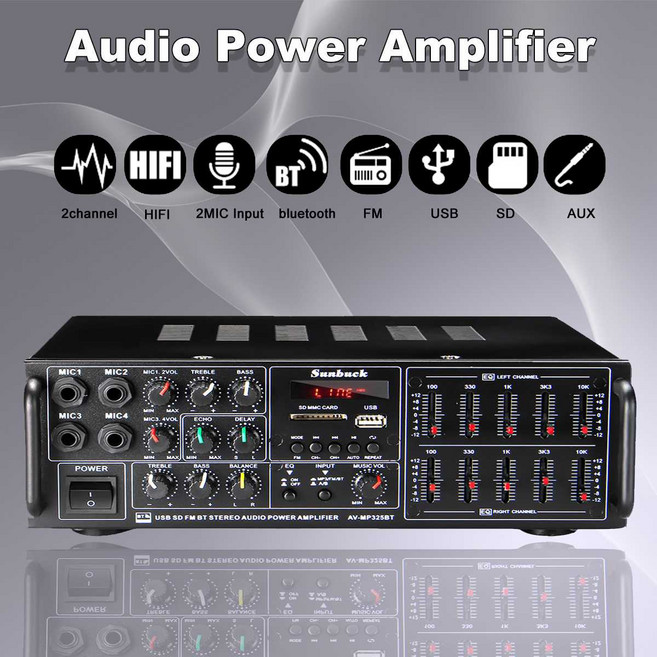 8000W 블루투스 앰프 4 방향 마이크 입력 지원 USB SD FM AUX 디지털 오디오 스테레오 앰프 스피커 원격 제어, 3)326BT EU Plug