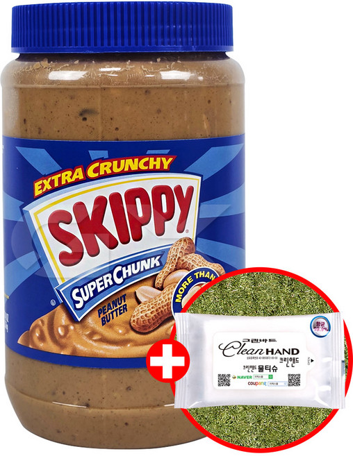 SKIPPY 스키피 대용량 땅콩버터 수퍼 청크 1.36kg + 클린핸즈물티슈10매입, 1.36kg × 1세트, 1세트