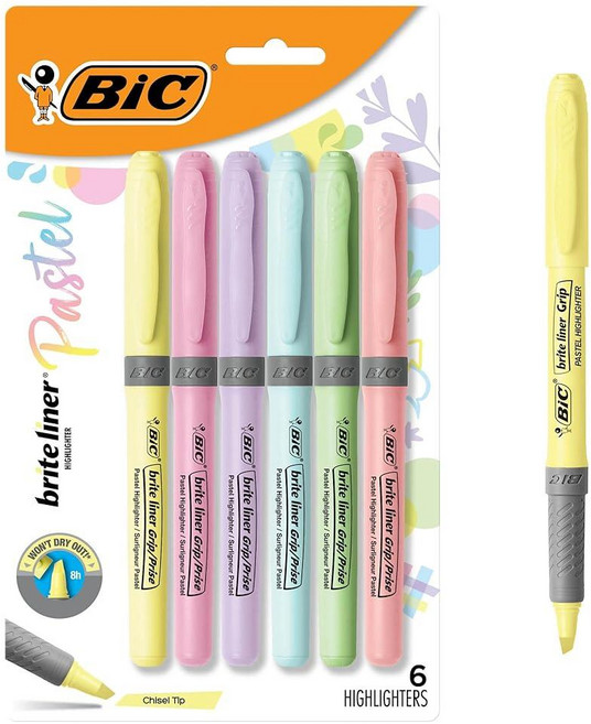134078 BIC Brite 라이너 하이라이터 끌 팁 오렌지 형광펜 12개 팩 정리 및 색칠에 이상적인 세트, 6 Count (Pack of 1), Assorted Pastel Ink Colors