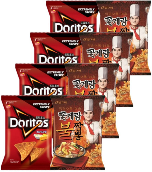 롯데 크라운 과자세트 도리토스 나쵸치즈 84gx4P+꽃게랑 불짬뽕 70gx4P (총8P), 1세트, 616g