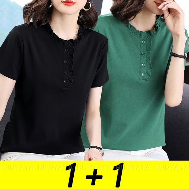 1+1 / 2P 세트 반팔티셔츠 여성 여름 빅사이즈 루즈핏 반팔티 캐주얼 엄마옷 이너티 데일리 여성 티셔츠 D99U