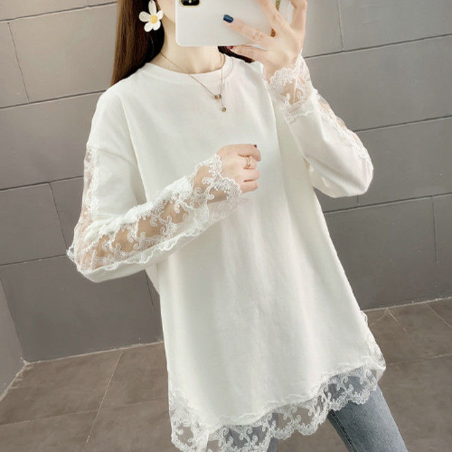 데일로엔 여성 레이스 라인 시스루 소매 긴팔 티셔츠