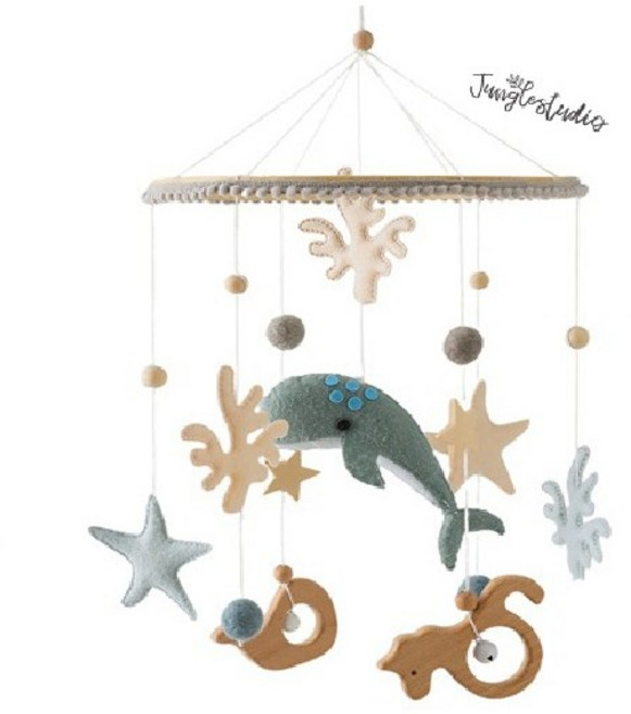 [정글스튜디오] 해저 고래 펠트 우드토이 딸랑이 모빌 신생아 아기 침대 감성 모빌 아기방 꾸미기, 1개