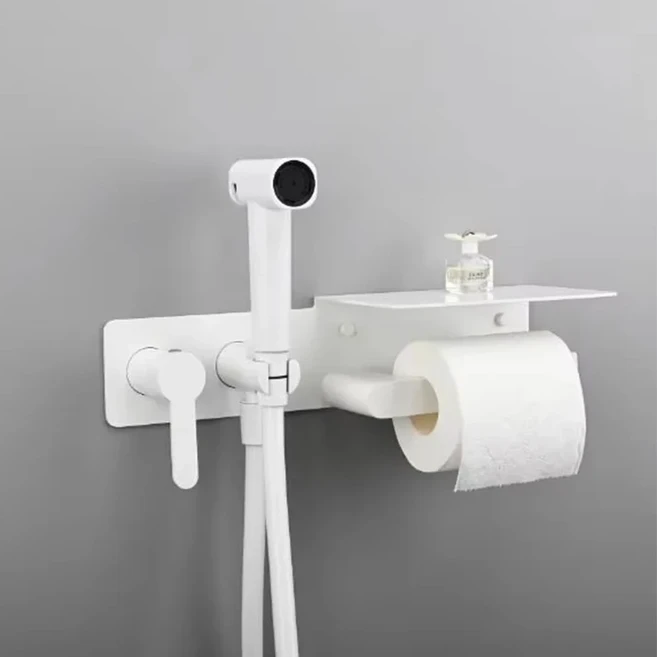 브러시드 골드 온수 및 냉수 황동 화장실 제트 샤테프 비데 스프레이 세트 무슬림 샤워 핸드헬드 비데 스프, 01 Brass, 02 White-type A