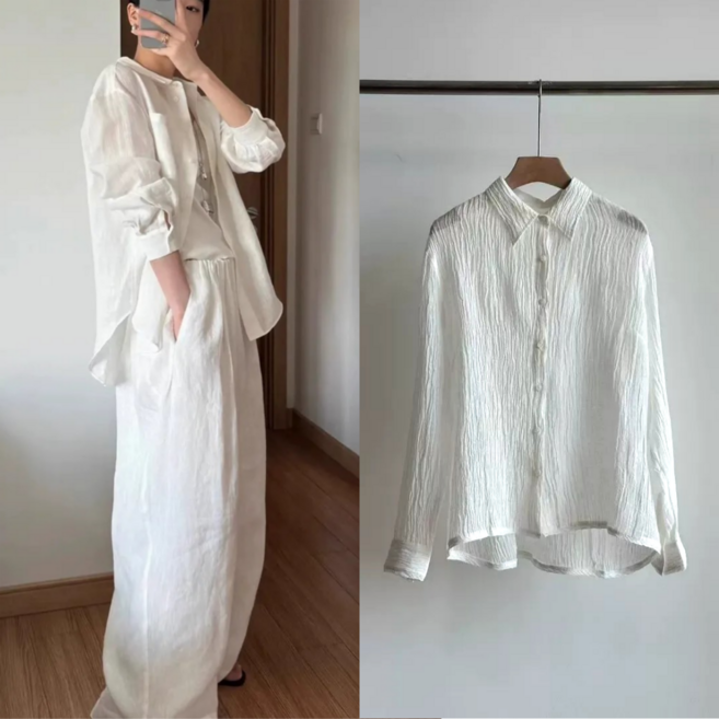 핏몬 여성 55-88 빅사이즈 오간자 블라우스 롱 셔츠