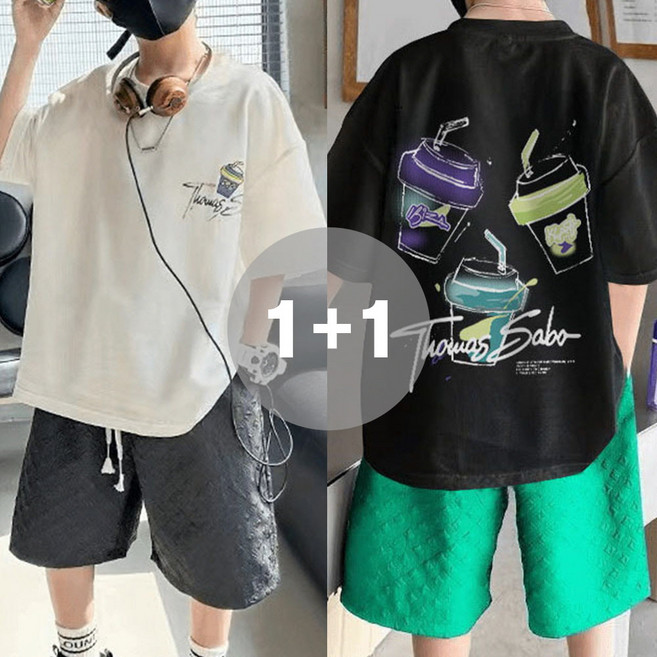 지디오 주니어 남아 반팔 티셔츠 2개 세트 라운드넥 루즈핏 반소매 프린팅 여름 캐주얼 상의