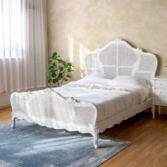 피어젠가구 리아 프렌치 엔틱 라탄 퀸사이즈 Q 침대 신혼 부부 침대프레임 원목 화이트
