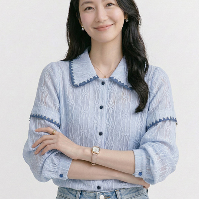 나바바 NB3044 여성 러블리 패턴 디테일 포인트 카라 긴팔 셔츠