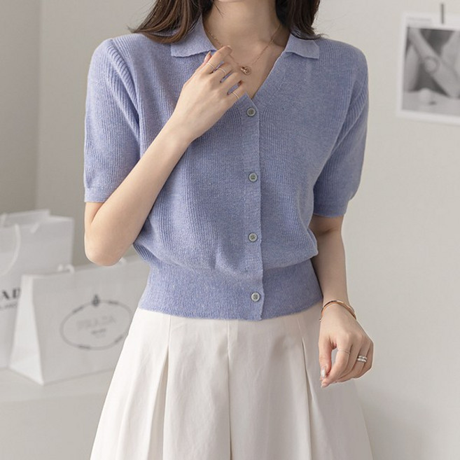 바이단미 여성 니트 스웨터 카디건 브이넥 플랫카라 벌룬소매 마 크롭 린넨 카라 반팔 가디건