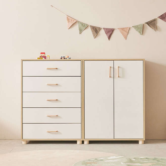 장인가구 뉴피터 베이비장 1600세트 (5단서랍+유아옷장) + 원목발, 위스퍼화이트