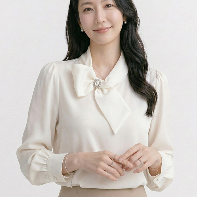 나바바 NB3053 여성 세련미 무지 리본넥 긴팔 블라우스