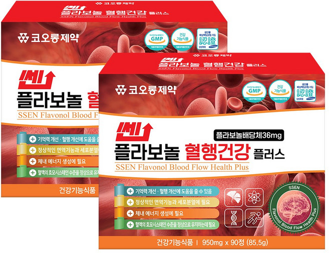 코오롱제약 쎈 플라보놀 혈행건강 플러스 은행잎추출물/플라보놀배당체 36mg, 2박스, 90정
