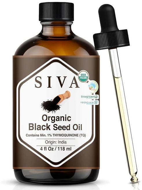 Siva 블랙 씨드 오일 유기농 - 118ml(4액량 온스) - 100% 천연 냉압착 블랙 씨드 오일 - 얼굴 스킨 케어 헤어 케어 두피 마사지 및 바디 마사지용 - 드롭 - 쿠팡