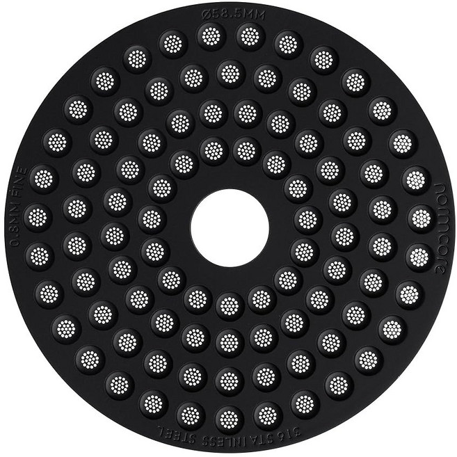 노름코어 58.5mm 퍽 스크린 0.8mm 두께 하부 샤워 재사용 가능한 금속 필터 58mm 포터필터 바구니 316 스테인리스 스틸, 블랙
