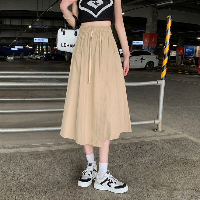 工裝半身裙 休閒A字裙 松緊腰中長款