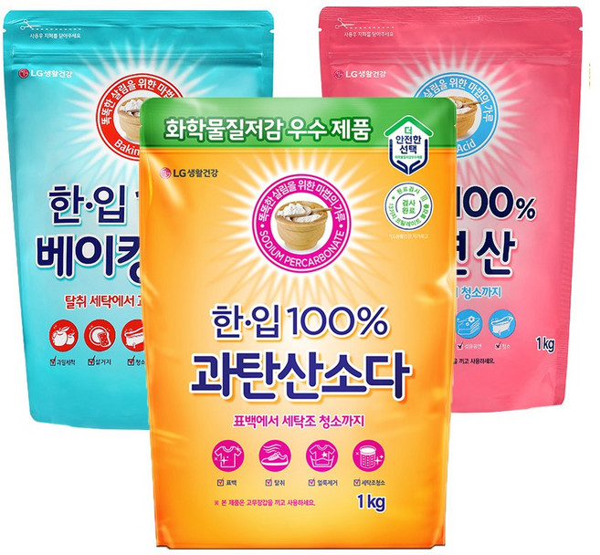 한.입 100% 베이킹소다 1kg + 과탄산소다 1kg + 구연산 1kg, 1세트