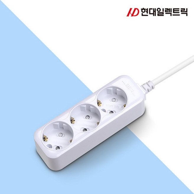 현대 국산 접지 멀티탭 멀티콘센트 3구 (10A), 2m, 화이트, 1개