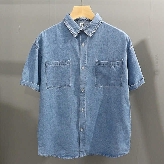 남성 데님 반팔 셔츠 캐주얼 루즈 카라 프린팅 포켓 여름 간절기 반팔 청셔츠 청남방