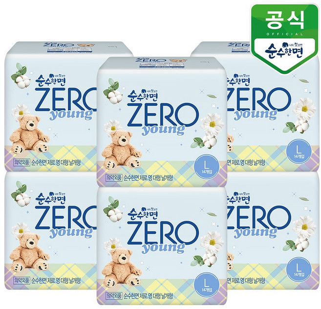 순수한면 제로 영 생리대 날개형, 대형, 14개입, 6개