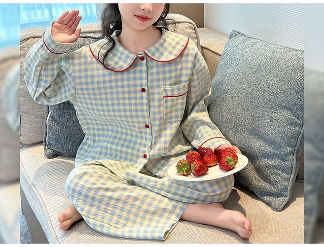 해피유통여아 봄가을 체크 잠옷 홈웨어 세트 넓은 넥과 귀여운 단추 디자인14세 이상 XG03