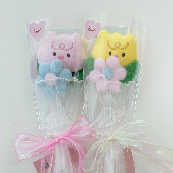 귀여운 인형꽃다발 튤립인형 꽃 한송이 꽃선물 인형꽃선물, 1세트, 핑크1개+옐로우1개