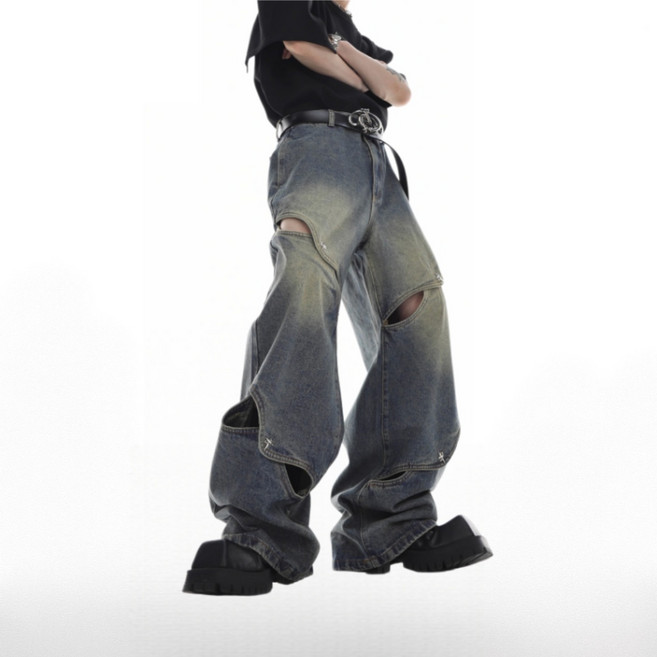 홍언목요 청바지 남성 긴바지 여름 와이드 스트레이트 해체버튼 펀칭 데님 팬츠