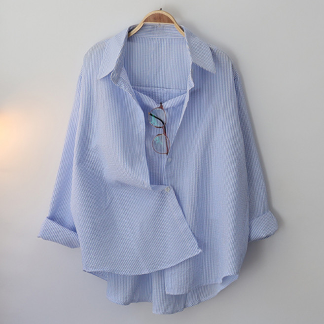 스카이코코 여성 투피스 민소매 긴팔 남방 지지미 줄지 나시 셔츠 세트