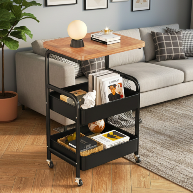 일상담다 생활수납 이동식 철제 트롤리 카트 선반, 블랙, 3단