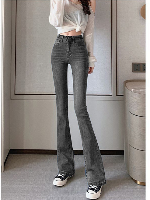 韓國高腰顯瘦開叉喇叭牛仔褲