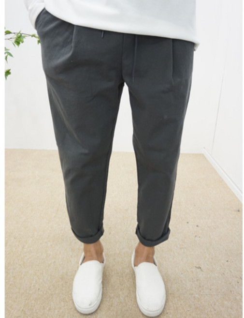 젠시크 남자 봄 가을 전체스판 원턱 반배기 세미와이드 워싱면 9부 밴딩 면바지